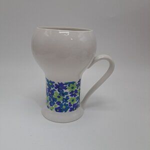 1970s Mod Ceramic Coffee Tea Mug Floral Blue Green Design 5” Retro Handle C-959